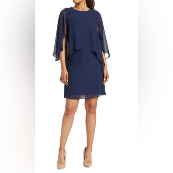 Marina 3/4 Sheer Flare Sleeve Navy Blue Chiffon Dress Size 4 (Small) NWT - Picture 3 of 14